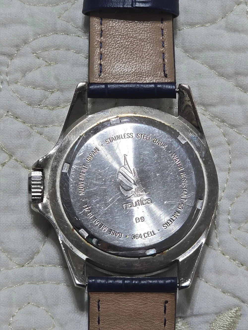 Nautica Chronograph Quartz Watch Men Tachymeter Navy Blue Subdials Leather Strap
